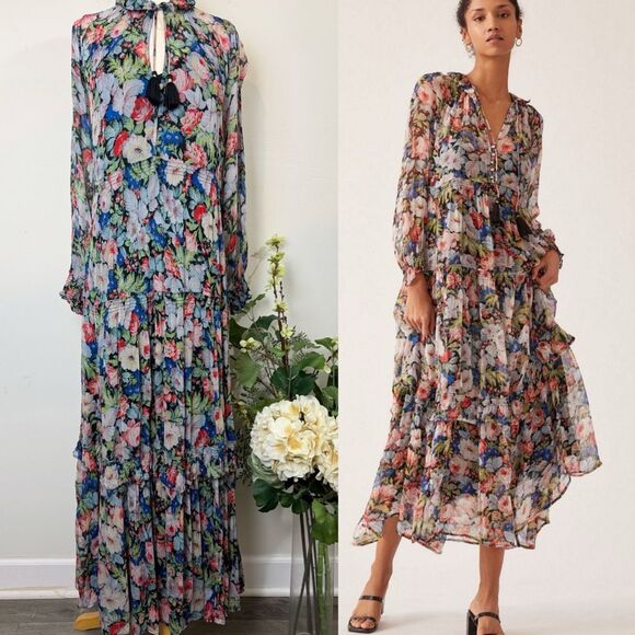 ANTHROPOLOGIE | The Marais Printed Chiffon Maxi Dress | Floral Boho Long Sleeve - Picture 1 of 12